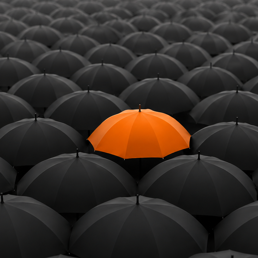 Orange umbrella among black umbrellas